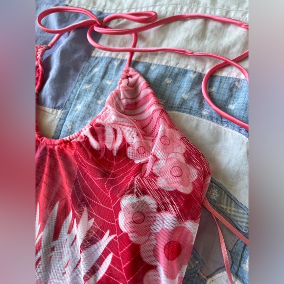 Silk & Satin Womens Floral Coastal Pink Mesh Halter Lingerie Swim Cover Up Top - Picture 2 of 9